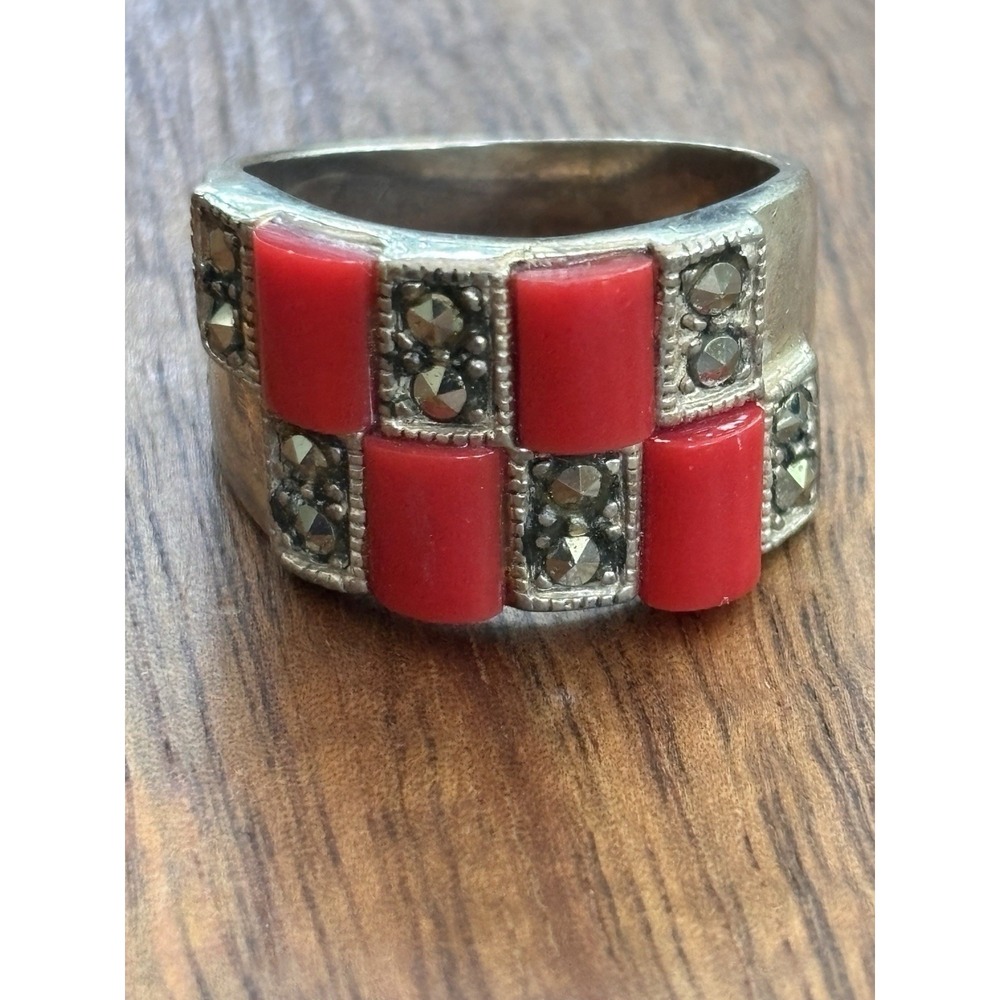 Vintage Sterling Silver Red Coral Marcasite Dome Ring Size 7